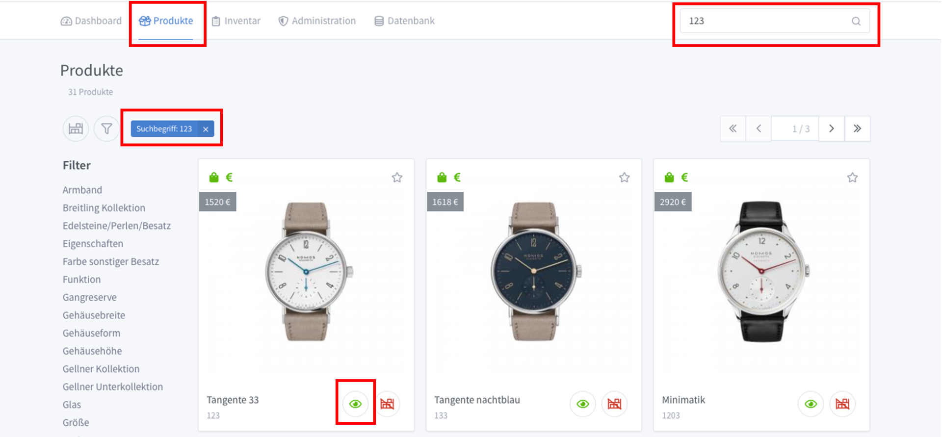 Ausblenden eines Produktes